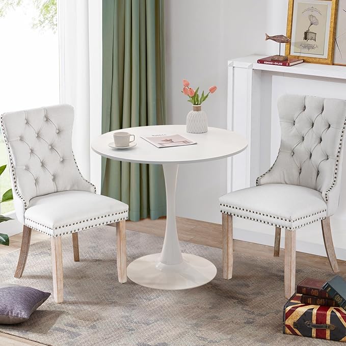 SoarFlash Kitchen Table and Chairs for 2, 31.5" Dining Table Set for 2 with Linen Upholstered Chairs, 3 Piece Round Kitchen Table Set, Dining Room Table Set for Small Space, Apartment, Beige/White