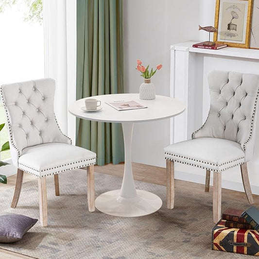 SoarFlash Kitchen Table and Chairs for 2, 31.5" Dining Table Set for 2 with Linen Upholstered Chairs, 3 Piece Round Kitchen Table Set, Dining Room Table Set for Small Space, Apartment, Beige/White