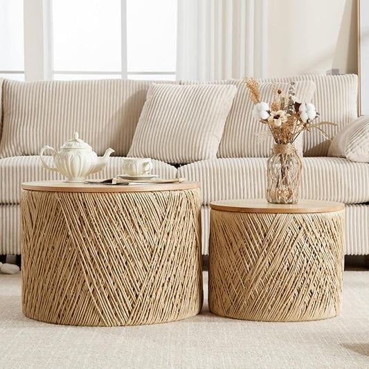 Nesting Coffee Table Set of 2, Round Natural Wood Drum Coffee Tables with Storage Boho Rattan Circle End Table Set for Living Room Bedroom Small Space No Assembly Required, Burlywood