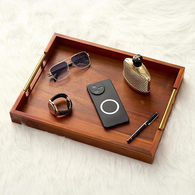 Premium Acacia Wood Ottoman Tray, 17x13 inches Large Serving Tray, Decorative Coffee Table Tray with Metal Handles, Ideal for Breakfast in Bed, Appetizers, Kitchen & Living Room Decor