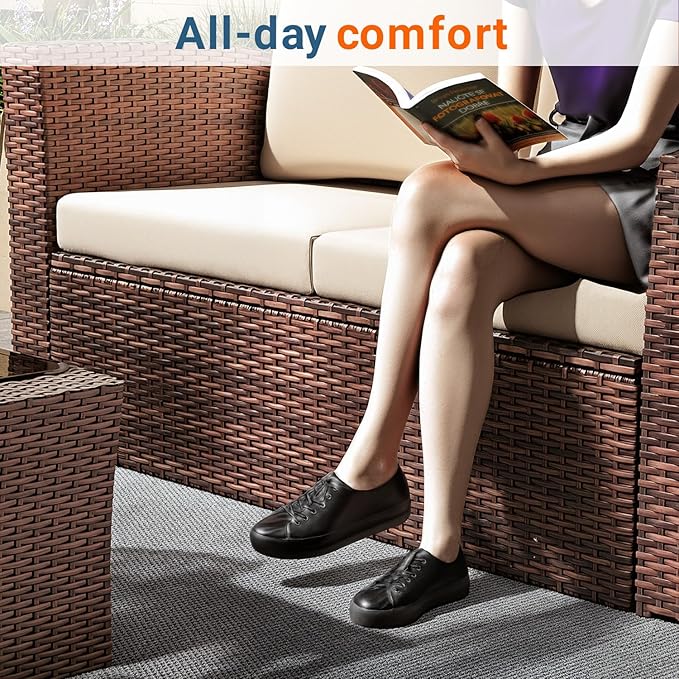 Wisteria Lane 4 Piece Patio Furniture Set, Wicker Outdoor Patio Conversation Furniture Set, All Weather Outdoor Patio Sofa with Cushion and Glass Table, Brown