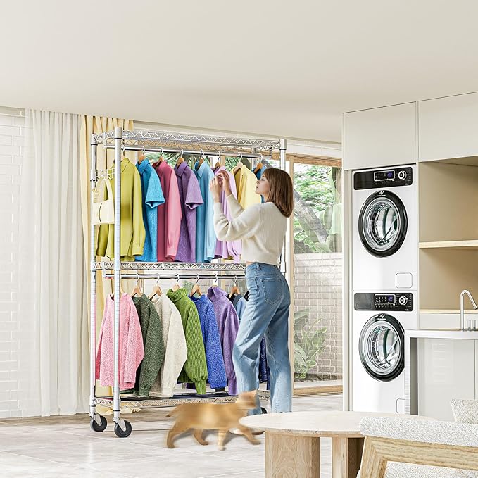 Heavy Duty Rolling Garment Rack 3 Tiers Adjustable Wire Shelving Clothes Rack with 2 Rods and Side Hooks,Storage Closet Clothing Rack with Wheels Chrome 15.7" D x 45.3" W x 79.6" H
