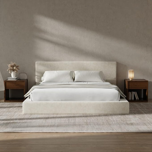 RECCI Cloud Upholstered California King Bed Frame with Headboard, 5 Inch Foam Padded Platform, No Box Spring, Easy Assembly (Cream)