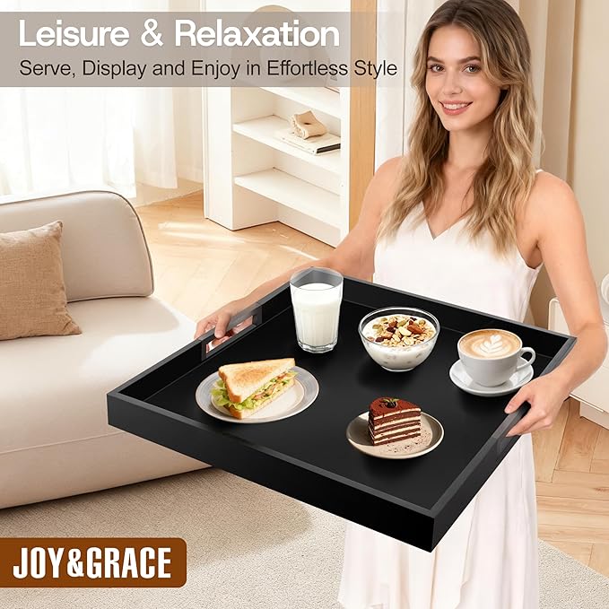 Joy&Grace Large Square Ottoman Tray for Living Room and Coffee Table 22 Inch Decorative Acacia Wood Serving Tray with Handles for Breakfast in Bed, Dinner Food Kitchen TV (Black, 22" x 22" x 2")