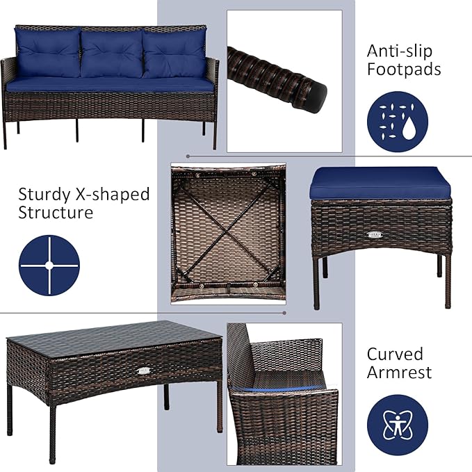 Tangkula 3 Pieces Patio Conversation Set, All Weather Outdoor PE Rattan Wicker Furniture Set with Padded Cushions, Tempered Glass Coffee Table, for Poolside, Backyard, Garden (Navy)