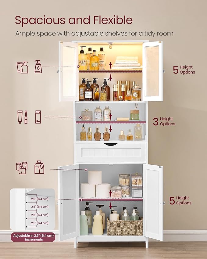 VASAGLE Storage Cabinet with LED Lights, Freestanding Storage Unit with Adjustable Shelves, Drawer, Open Compartments, for Bathroom, Living Room, Kitchen, Cloud White UBBC767WH01S