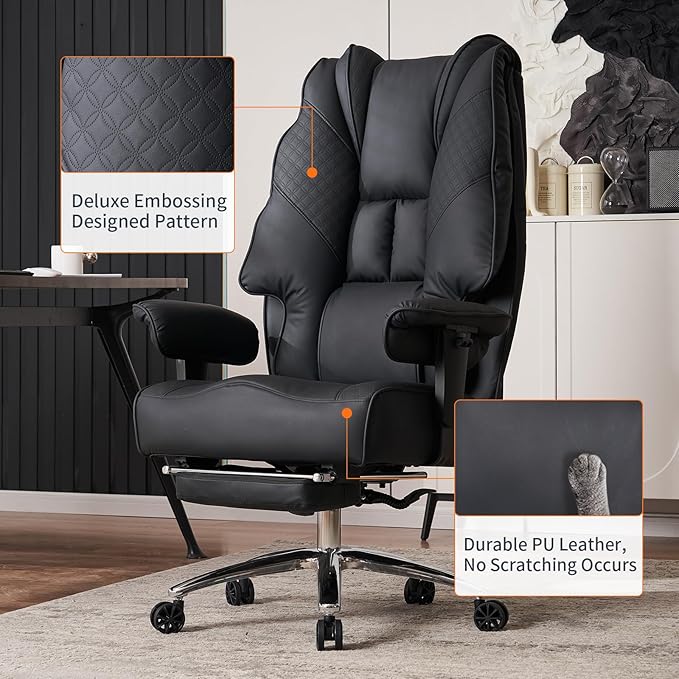 Big and Tall Office Chair 400lbs Wide Seat, Leather High Back Executive Office Chair with Foot Rest, Ergonomic Chairs Lumbar Support for Lower Back Pain Relief (Black)