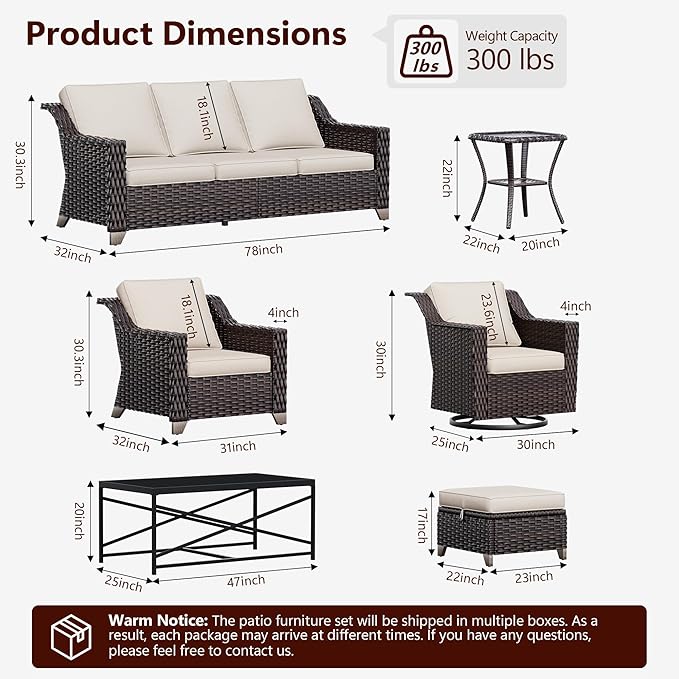 5 Pieces Wicker Patio Furniture, Luxury Outdoor Furniture with 2 Patio Swivel Chair, 2 Patio Ottoman and 1 Side Table, Wide Armrest, Thickened Cushions, Ideal for Deck, Porch Use