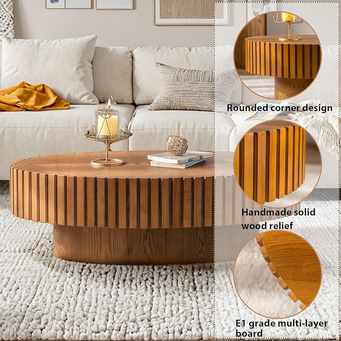 Oval Coffee Table, Handcrafted Fluted Drum Coffee Tables Modern Wood Coffee Table Drum Center Table for Living Room, Apartment (Oval Wood)