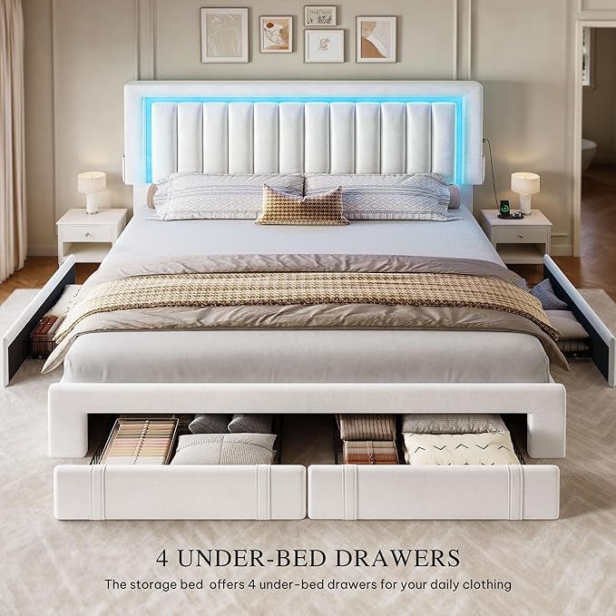 DWVO Queen Size Bed Frame with Adjustable Headboard, 4 Storage Drawers and RGB LED Lights, Velvet Upholstered Platform Bed with USB Ports, No Box Spring Needed, Fast Assembly, Noise-Free, White