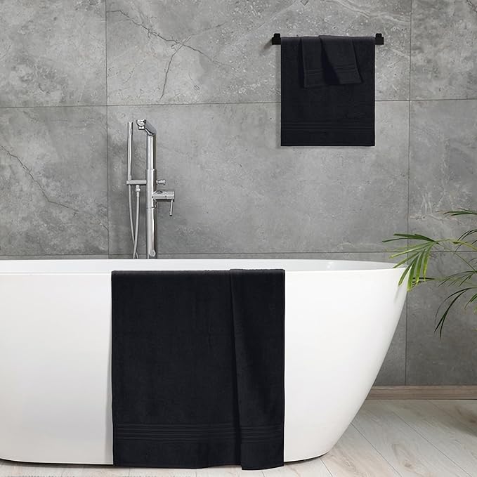 BOUTIQUO Ultra Soft 3 Pack Cotton Towel Set, Contains a Bath Towels 28x55 inch, a Hand Towels 16x24 inch & a Wash Coths 12x12 inch, Ideal Everyday use, Compact & Lightweight - Black