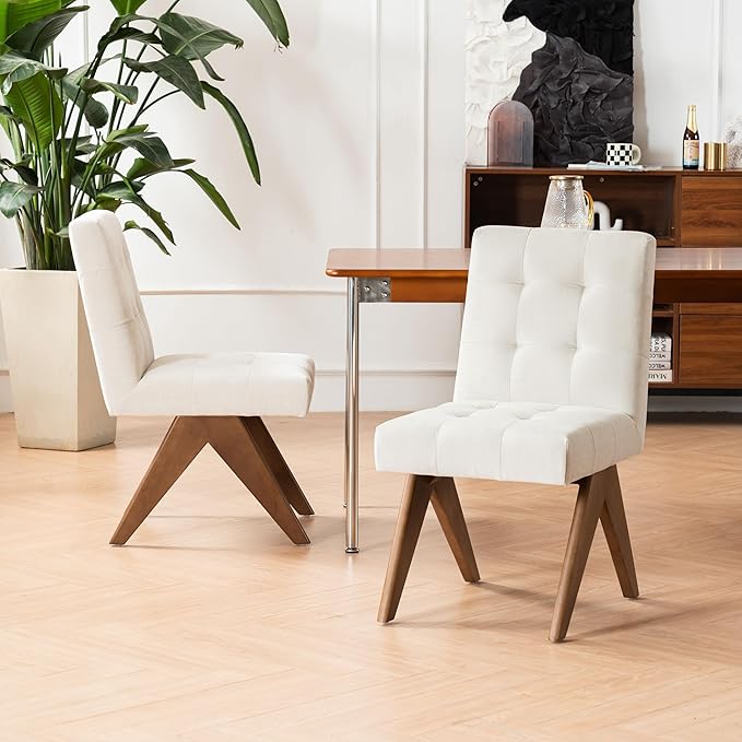 Rowill Modern Upholstered Dining Chairs Parsons Chair Linen Fabric Kitchen Chairs Tufted Armless Dining Room Chairs with Wood Legs Set of 4, Beige