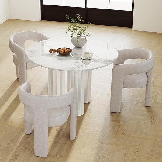 Modern Barrel Dining Chairs Set of 3, PU Leather Upholstered Accent Side Chair with Arms Comfy Makeup Vanity Chairs, Dining Living Room Kitchen Chairs, Grey