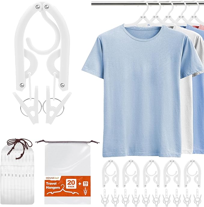 HOUSE DAY Foldable Travel Hangers 20 Pack w/10 Clips, Cruise Essentials 2025, Portable Hangers Collapsible Hanger Plastic, Travel Must Haves for Suitcase, Hotel, RV, Road Trip, Flying, Camping-White