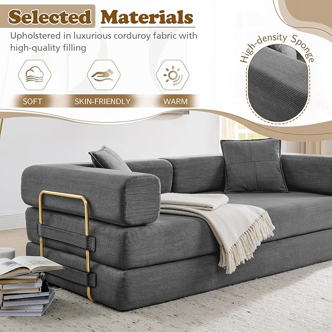 Antetek Convertible Futon Sofa Bed, 3-Seater Modern Corduroy Foam Floor King Size Bed Fold Out Sleeper Lounge Loveseat Sofa Couch with 2 Throw Pillows for Living Room Bedroom Guest Room, Dark Grey