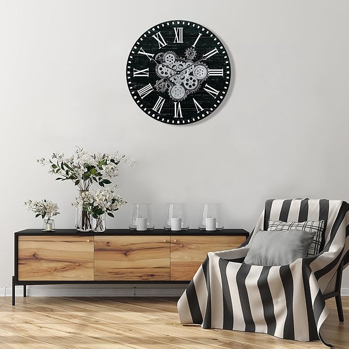 Lafocuse 23 Inch Wooden Large Wall Clock with Moving Gears, Roman Numeral, Black, Unisex
