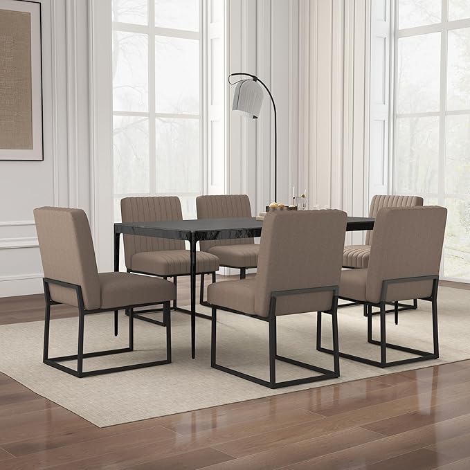 VKNOW Upholstered Dining Chairs Set of 6, Modern Dining Room Chairs with Stripe, Linen Kitchen Chair Dinner Chair with Black Metal Base for Kitchen Office, Brown