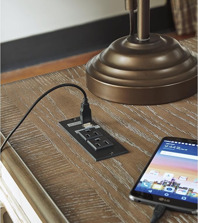 Signature Design by Ashley Realyn French Country 3-Drawer 2-Piece Home Office Desk with Spring Lift Top, USB Ports and AC Plug-Ins, Dark Brown & White