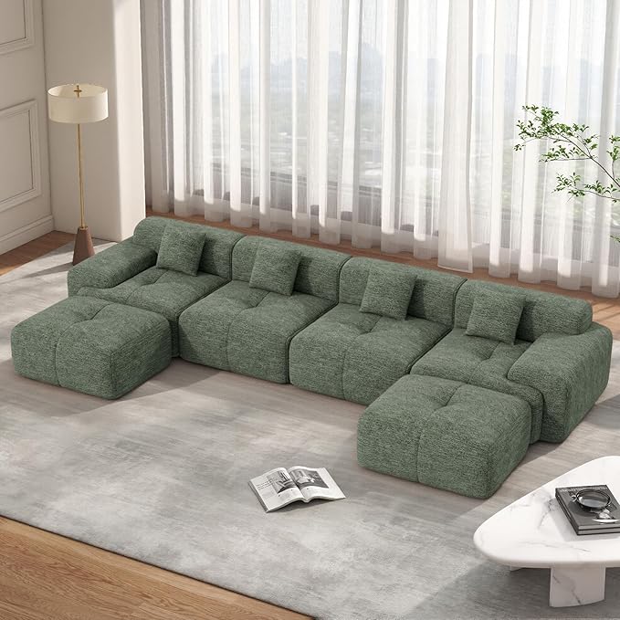 158" Modern U Shaped Modular Sectional Sofa, Boneless Couches for Living Room with Ottoman,6 Seater Convertible Chenille Cloud Couch Sofa Set, No Assembly Required, Green 1 PCS