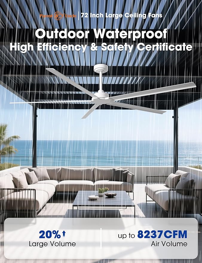 Ceiling Fans Outdoor Waterproof, 72 Inch Industrial Ceiling Fans without Lights, Large White Ceiling Fan No Light with 5 Aluminum Blade, Reverse DC Motor, Outdoor Fans for Patio Shop Garage LivingRoom