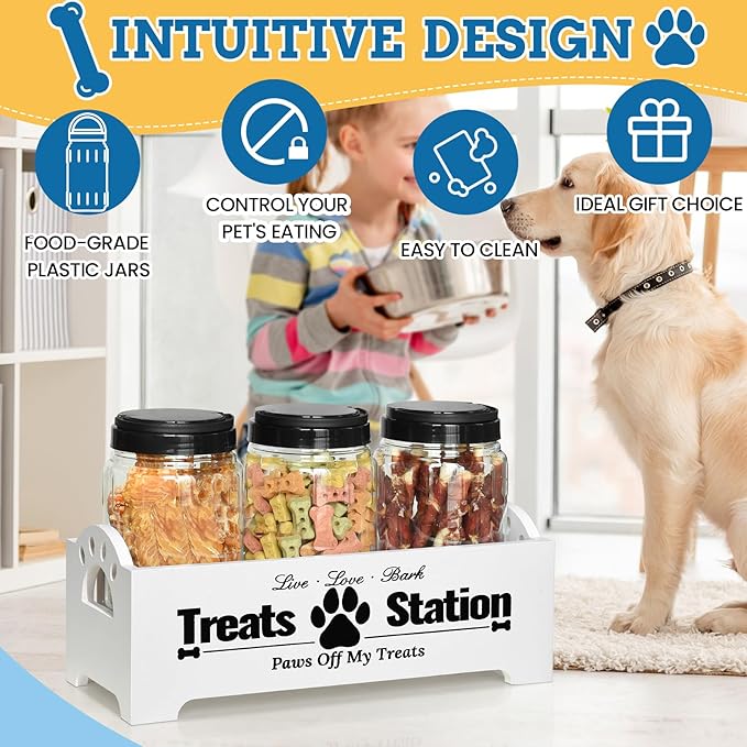 Dog Treat Container Dog Food Container for Dog Food Storage, Farmhouse Cat Food Container Pet Food Storage Organizer, Wood Dog Treat Holder with 3 Plastic Cat Dog Treat Jars, White Cat Treat Container