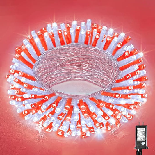 100 LED Christmas Lights Outdoor - 33ft Christmas String Lights 8 Modes Plug in Waterproof Twinkle Fairy Lights with Timer Memory for Indoor Outside Bedroom Home Party Decoration, Red&White