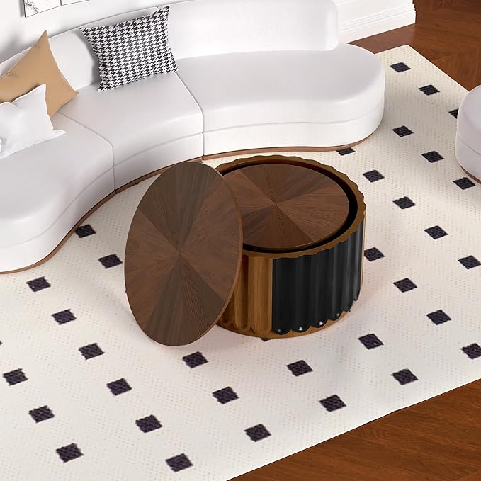 26" Round Nesting Coffee Table Set of 2 with Storage, Modern Round Wood Fluted Coffee Tables with Storage for Living Room Nesting End Table for Small Space (B Walnut)