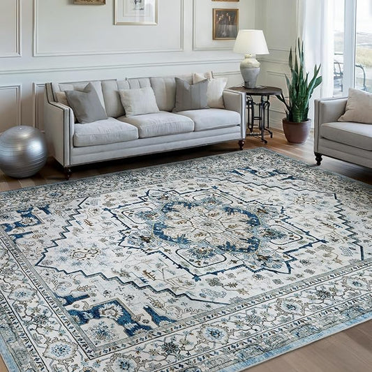 Area Rugs for Living Room 9x12 - Large Machine Washable Vintage Oriental Soft Rug, Low Pile Thin Carpet with Non Slip Backing for Bedroom, Dorm, Under Dining Room Table, Indoor House, Office Decor