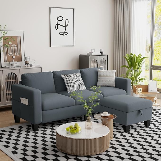 Sectional Sofa Couches for Living Room - 78''Convertible Modular Three-Seater L-Shaped Pet-Friendly Couch,Washable Sofa Cover-Bench Storage, Suitable for Small Living Room, Apartment,Office-Blue-Gray