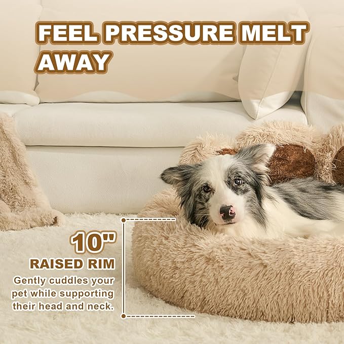 Jiupety Paw Shape Calming Pet Bed, Medium Plush Faux Fur Donut Bed for Dogs & Cats, Machine Washable, Non-Slip Bottom, Extra Large Size (32"×32"×10"), Camel