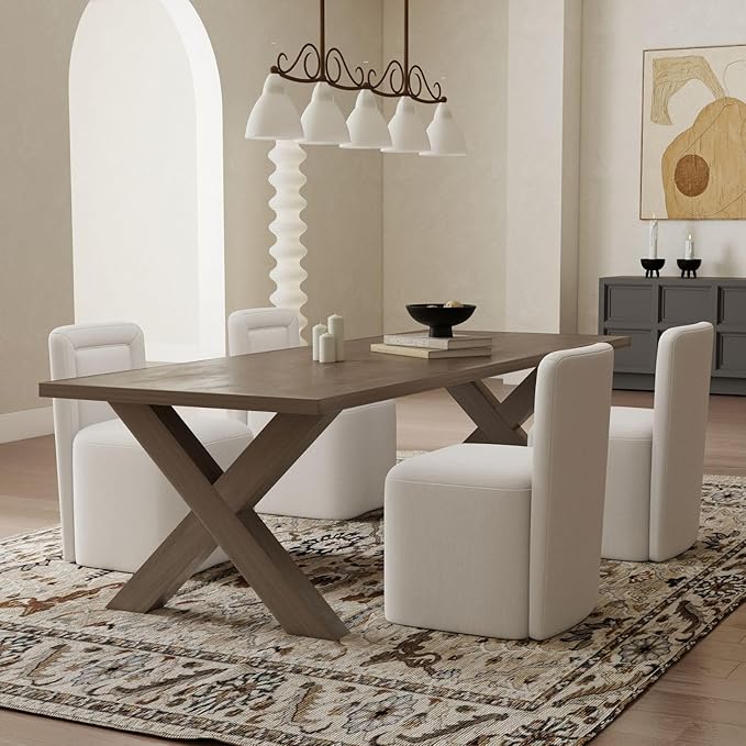 White Upholstered Dining Chairs Set of 6, Armless Modern Linen Dining Chairs with High Back, Kitchen Chair for Dining Room/Restaurant/Living Room