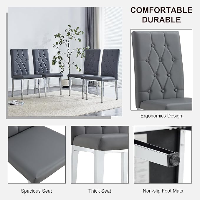 Modern Dining Table for 6, Glass & PU Leather 6-Chair Set, Silver U-Shaped Legs