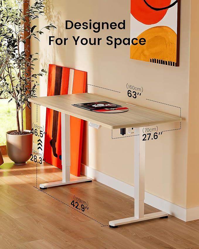 ErGear Height Adjustable Electric Standing Desk, 63 x 28 Inches Sit Stand up Desk, Large Memory Computer Home Office Desk with Two-Piece Desktop (Natural)