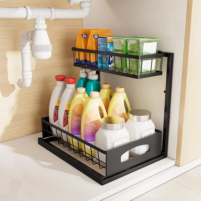 Under Sink Organizer and Storage, Height Adjustable Cabinet Organizer with Slide Out Drawer, Pull Out Under Sink Storage, Multi-Purpose 2 Tier Sink Shelves for Kitchen Bathroom Pantry (Black, 1 Pack)