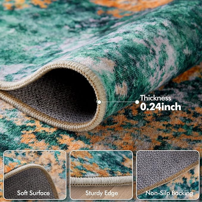 6ft Round Area Rug for Living Room- 6x6 Washable Neutral Abstract Rug for Bedroom Modern Soft Dining Room Rug No Slip Low Pile Carpet for Nursery Home Office Decor - Teal/Orange