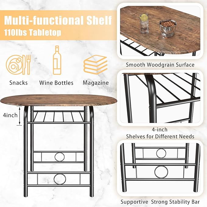 JUMMICO 3-Piece Wooden Round Table & Chair Set, Space Saving Kitchen Breakfast Nook Wood Grain Tabletop with Metal Frame and Built-in Wine Rack for Kitchen, Dining Room (Brown/Black)