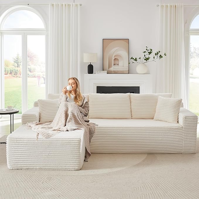 Modular Cloud Sectional Couch with L-Shape Chaise,Modern Upholstered Couches with Deep Seat,Corduroy Sponge Compressed Sofa for Living Room,No Assembly Required (Off White)