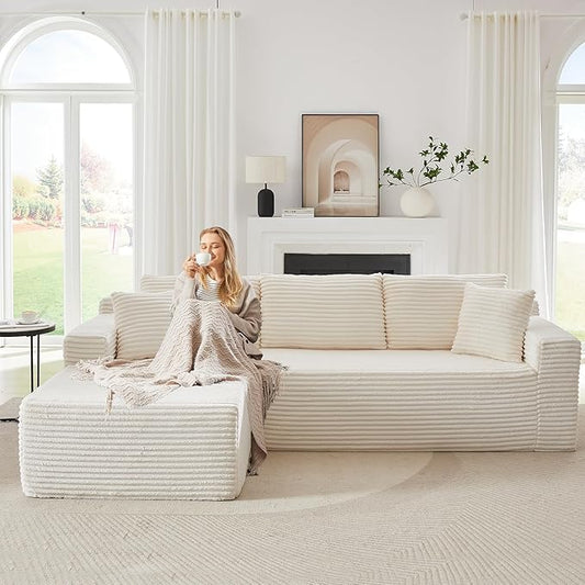 Modular Cloud Sectional Couch with L-Shape Chaise,Modern Upholstered Couches with Deep Seat,Corduroy Sponge Compressed Sofa for Living Room,No Assembly Required (Off White)