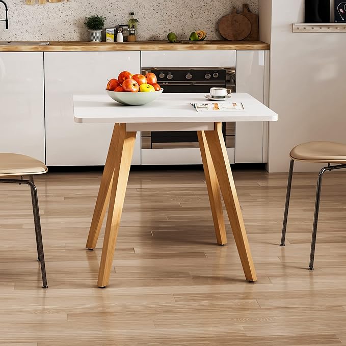 27.6" Square Dining Table for 2-4 Person - Small Kitchen Table with Soild Wood Legs Mid Century Modern Table for Dinning Room, Kitchen,Small Speace (White)