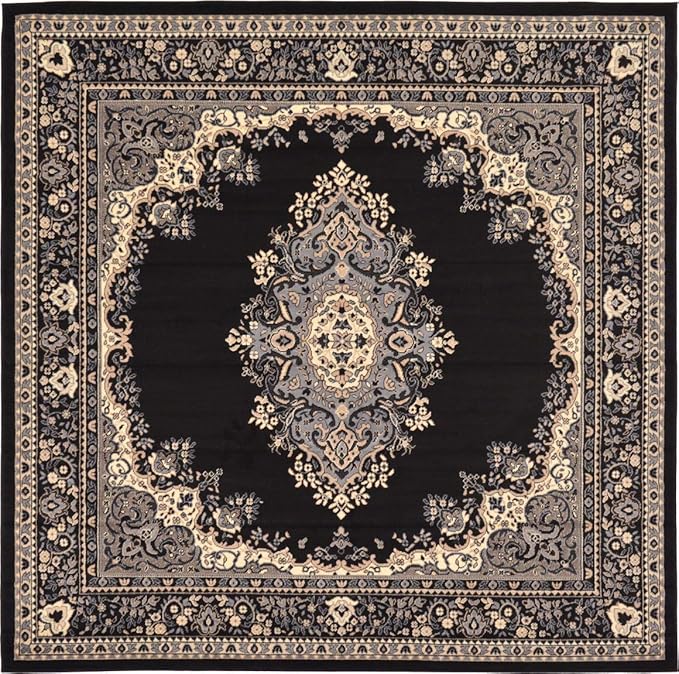 Unique Loom Reza Collection Traditional Persian Style Area Rug, 8' 0" x 8' 0", Black/Beige