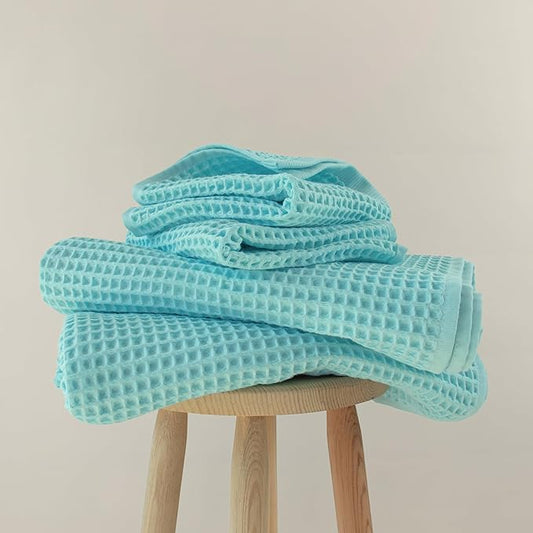 Püskül - Luxury Waffle Towel Set for Bathroom 4 Pieces Turquoise Blue, Premium Quality Organic 100% Turkish Cotton 2 Hand and 2 Bath Towels, Quick Dry Thin Waffle Towels, Made in Turkiye (Turquoise)