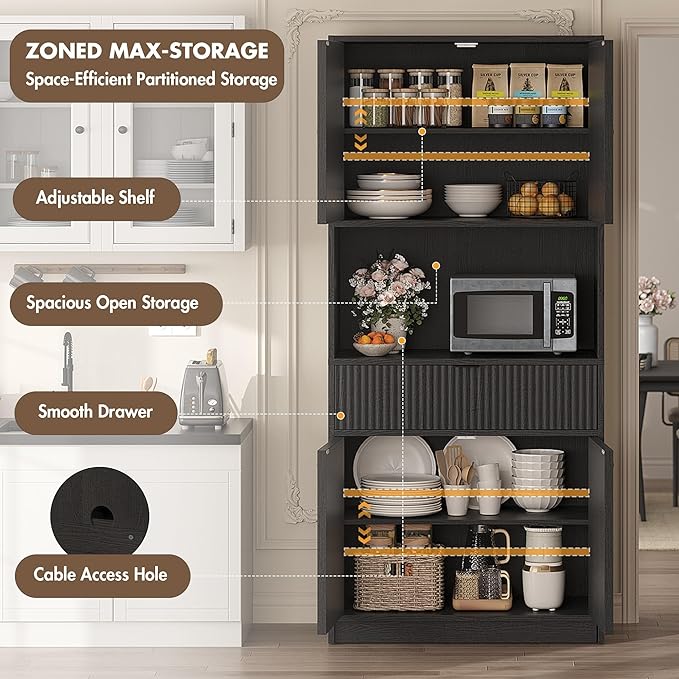 Garvee Tall Kitchen Pantry Cabinet, 70" Pantry Storage Cabinet with Countertop, Fluted Kitchen Hutch Cabinets with Doors and Drawer, Freestanding Cupboard for Dining Room, Living Room, Black