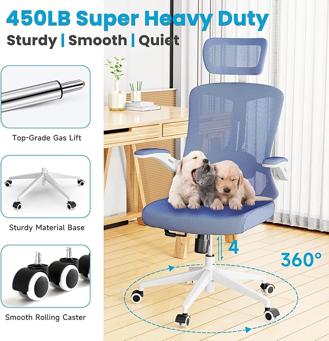 Ergonomic Office Chair - 400LB Comfy Desk Chairs with Adjustable Headrest and Lumbar Back Support, Mesh Computer Chairs with Wheels and Arms for Home Office, Study, Bedroom and Dorm (04blue)