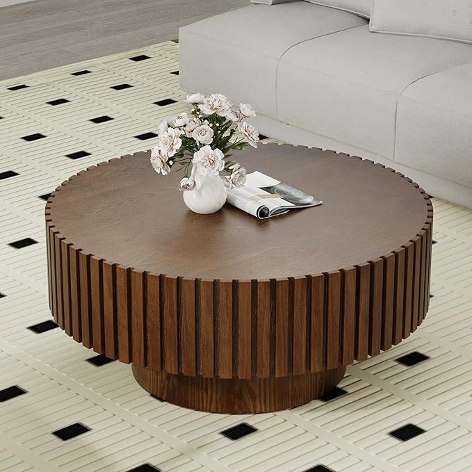 Round Coffee Table for Living Room, 31.5'' Modern Handcraft Drum Coffee Table Unique Fluted Coffee Tables Wood Center Table End Table for Small Space, Farmhouse Apartment Office (Round Brown)