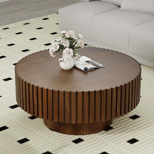 Round Coffee Table for Living Room, 31.5'' Modern Handcraft Drum Coffee Table Unique Fluted Coffee Tables Wood Center Table End Table for Small Space, Farmhouse Apartment Office (Round Brown)