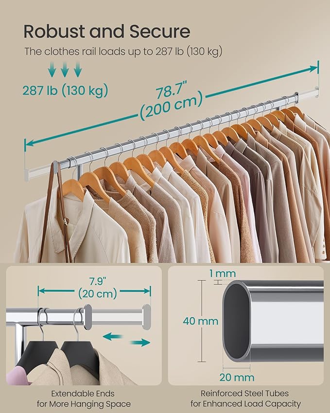 SONGMICS Clothes Rack with Wheels, Heavy-Duty Clothing Rack for Hanging Clothes, Portable, 17.7 x (63-78.7) x 63.6 Inches, with Extendable Rail, 330 lb Load Capacity, Silver UHSR175E01