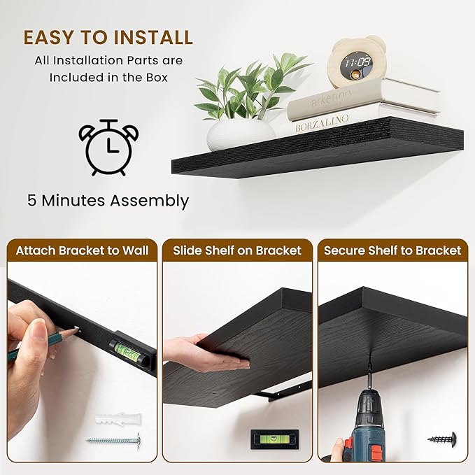 Fun Memories 36 Inch Floating Shelves, 9.3 Inch Deep Rustic Wall Shelves - Extra Deeper Wall Mounted Storage Shelves for Bathroom, Kitchen, Living Room (Black, Set of 2)