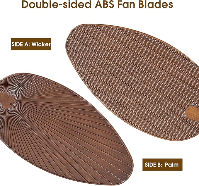 50 Inch Tropical Ceiling Fans with Lights and Remote/APP Control, Outdoor Waterproof Palm Leaf Ceiling Fan for Patios Porches, Wet Rated, Glass Lampshade, 6 Speeds, Quiet, Brown