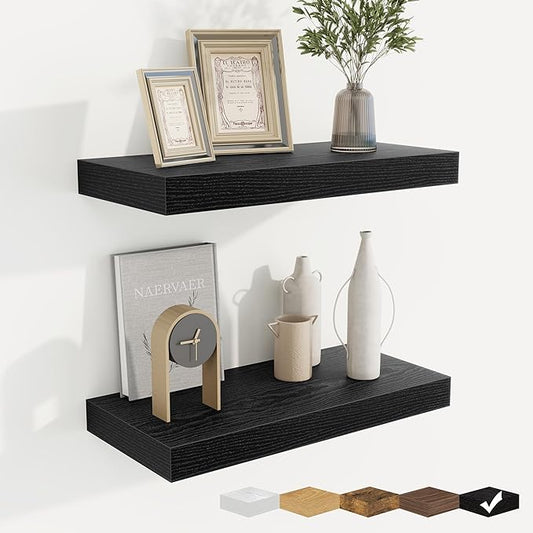fuqing Floating Shelves for Wall, Wall Mounted Wood Floating Shelf with Invisible Brackets for Living Room, Bathroom, Bedroom, Kitchen Storage and Decor, 16 Inch Set of 2, Black