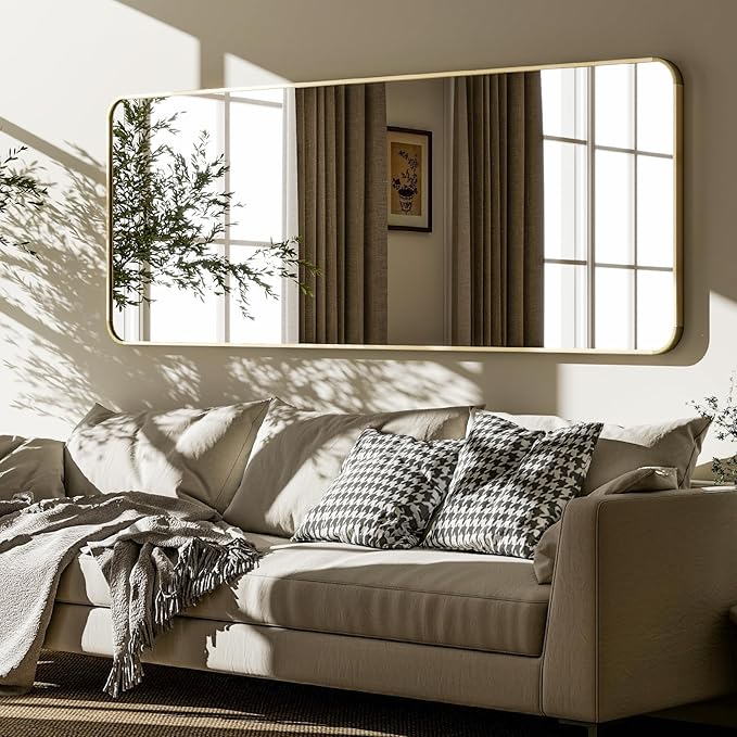 VooBang Round Corner Mirror Full Length, 66" x 23" Floor Mirror with Stand, Matte Aluminum Alloy Frame Full Body Mirror, Standing Hanging or Leaning for Bedroom and Living Room, Gold